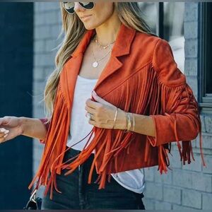 Saints & Hearts Rust Orange Faux Suede Fringe Cropped Jacket Size L Western Boho
